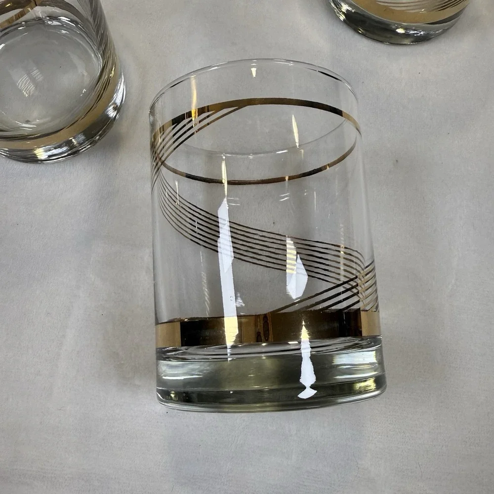 Vintage MCM Gold Swirl Rocks Glasses Set 4 Mid Century Barware Tumblers